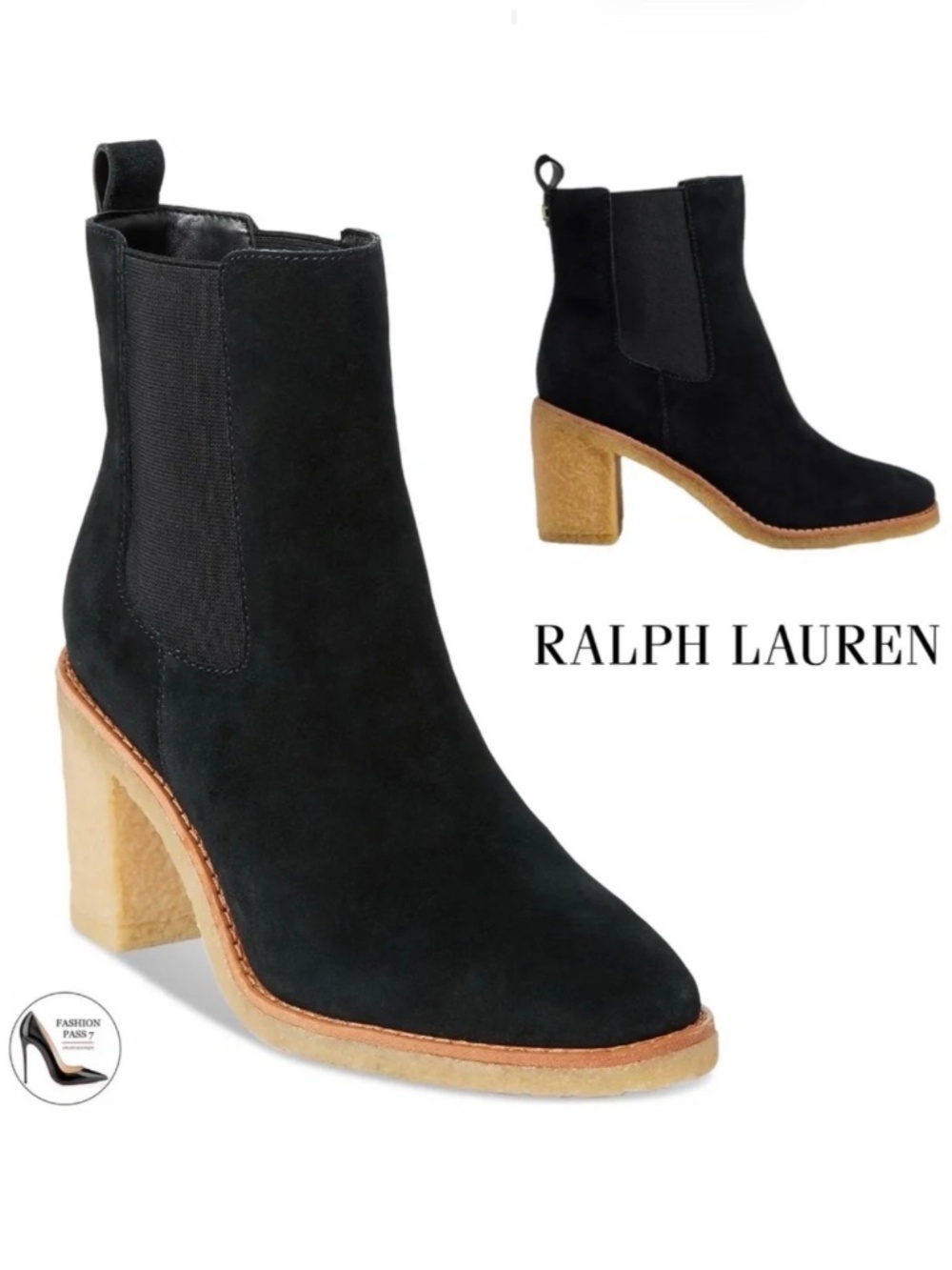 Ralph Lauren Marianna Black Suede Pull-On Chelsea Booties Block Heel Ankle Boots